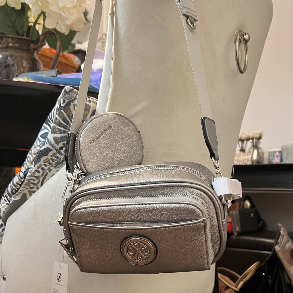 Christian Lacroix Silver Crossbody Bag With Adjustable Guitar Strap Nwt